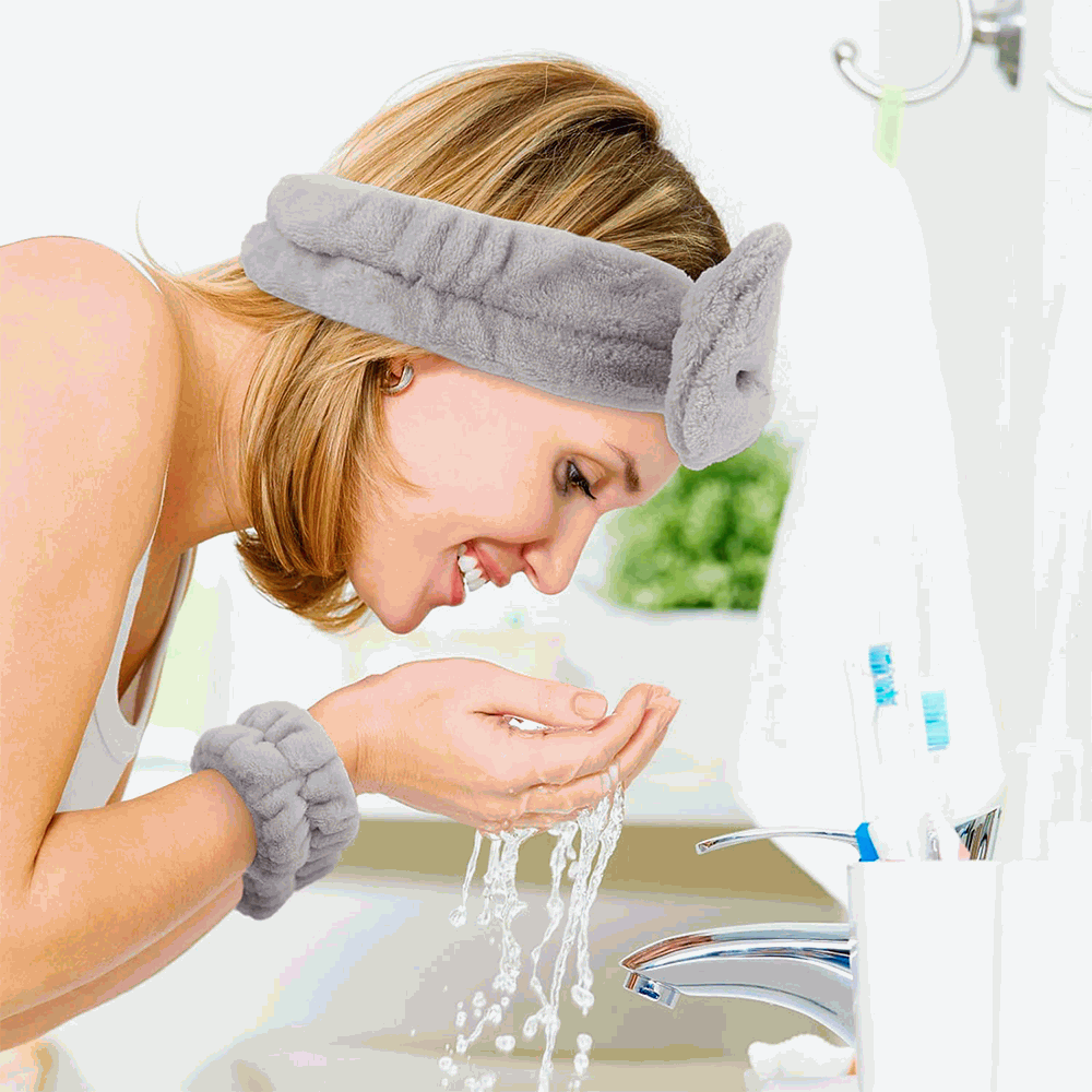 Diadema de Spa con Lazo y Muñequeras para Maquillaje Facial y Cuidado de la Piel - Gris - imagen 2