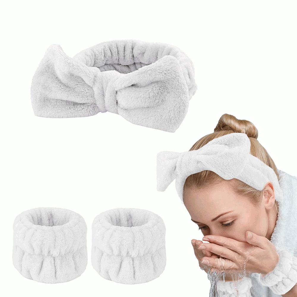 Diadema de Spa con Lazo y Muñequeras para Maquillaje Facial y Cuidado de la Piel - Blanco