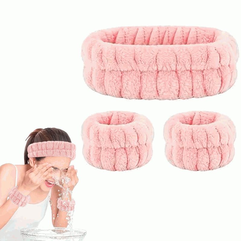 Set de Diadema Facial y Muñequeras de Spa para Maquillaje y Lavar la Cara - Rosa - imagen 1