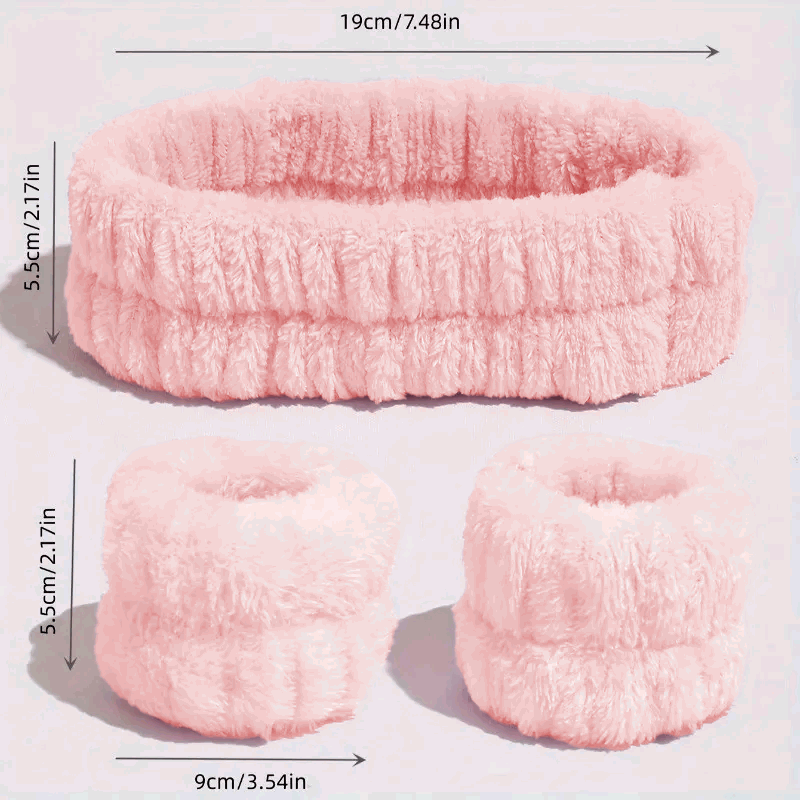 Set de Diadema Facial y Muñequeras de Spa para Maquillaje y Lavar la Cara - Rosa - imagen 2