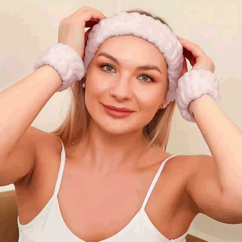 Set de Diadema Facial y Muñequeras de Spa para Maquillaje y Lavar la Cara - Rosa - imagen 3