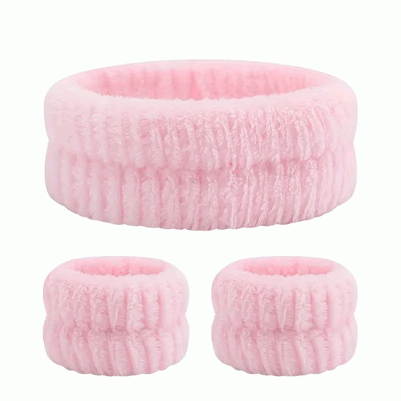Set de Diadema Facial y Muñequeras de Spa para Maquillaje y Lavar la Cara - Rosa - imagen 4