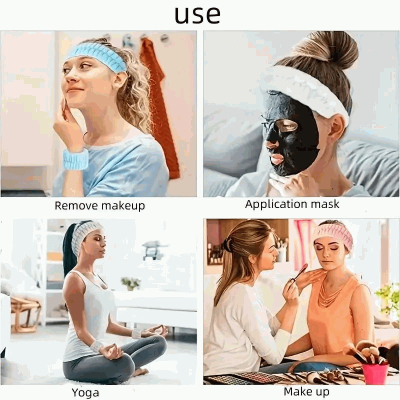 Set de Diadema Facial y Muñequeras de Spa para Maquillaje y Lavar la Cara - Rosa - imagen 6