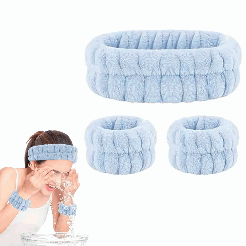 Set de Diadema Facial y Muñequeras de Spa para Maquillaje y Lavar la Cara - Azul