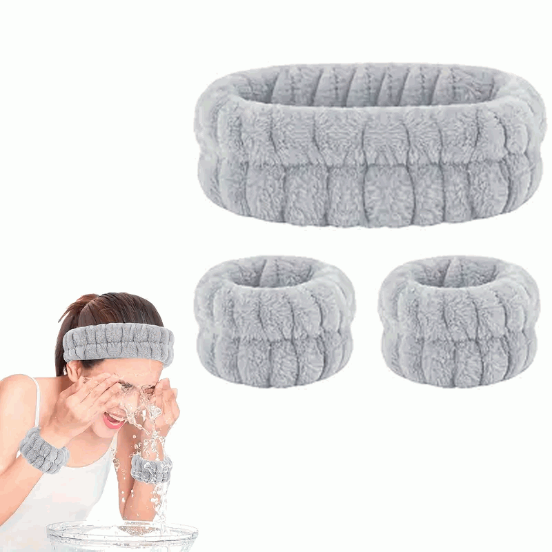 Set de Diadema Facial y Muñequeras de Spa para Maquillaje y Lavar la Cara - Gris