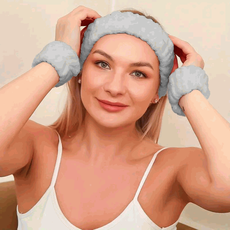 Set de Diadema Facial y Muñequeras de Spa para Maquillaje y Lavar la Cara - Gris - imagen 3