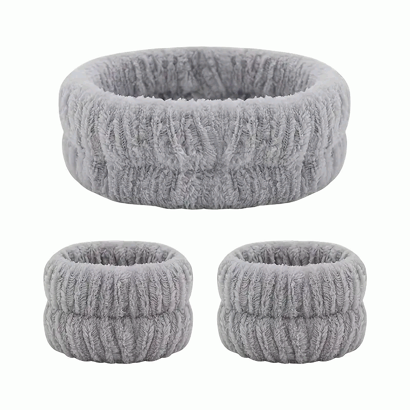 Set de Diadema Facial y Muñequeras de Spa para Maquillaje y Lavar la Cara - Gris - imagen 4