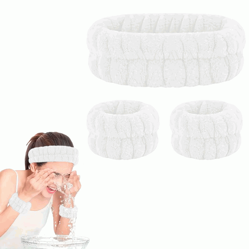 Set de Diadema Facial y Muñequeras de Spa para Maquillaje y Lavar la Cara - Blanco - imagen 1