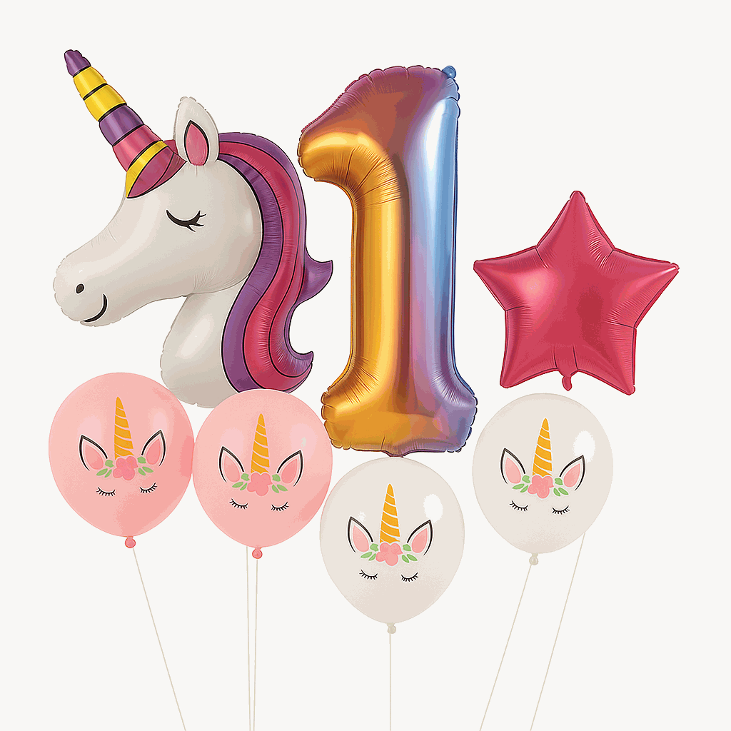 Set de Globos Unicornio para Cumpleaños de Niña – 7 Piezas con Número 1, Unicornio Gigante y Globos de Látex – Decoración Infantil Rosa y Blanca