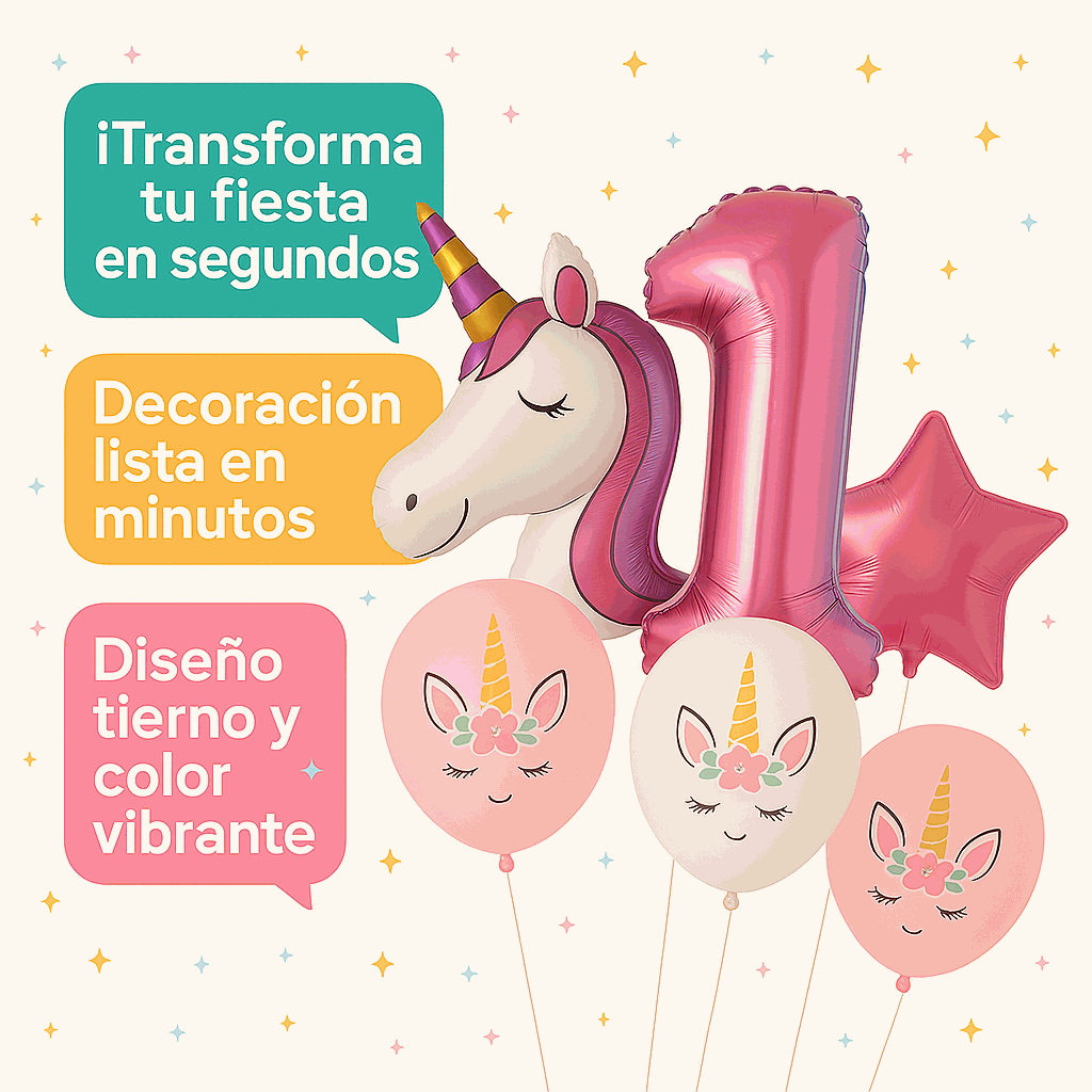 Set de Globos Unicornio para Cumpleaños de Niña – 7 Piezas con Número 1, Unicornio Gigante y Globos de Látex – Decoración Infantil Rosa y Blanca - imagen 5