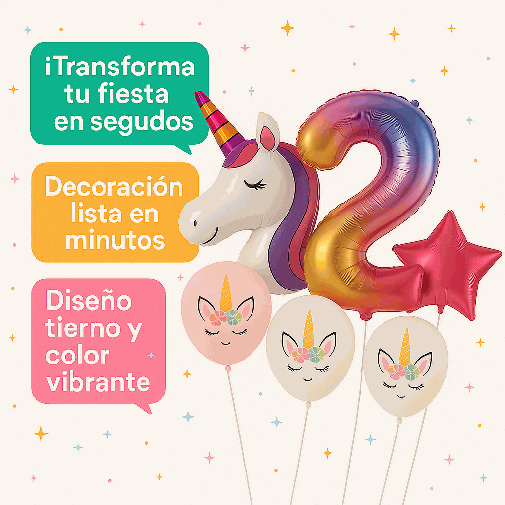 Set de Globos Unicornio para Cumpleaños de Niña – 7 Piezas con Número 2, Unicornio Gigante y Globos de Látex – Decoración Infantil - imagen 5