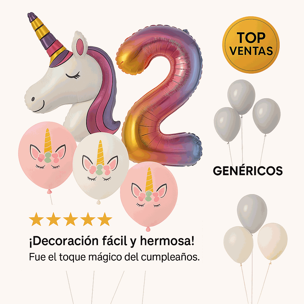 Set de Globos Unicornio para Cumpleaños de Niña – 7 Piezas con Número 2, Unicornio Gigante y Globos de Látex – Decoración Infantil - imagen 6