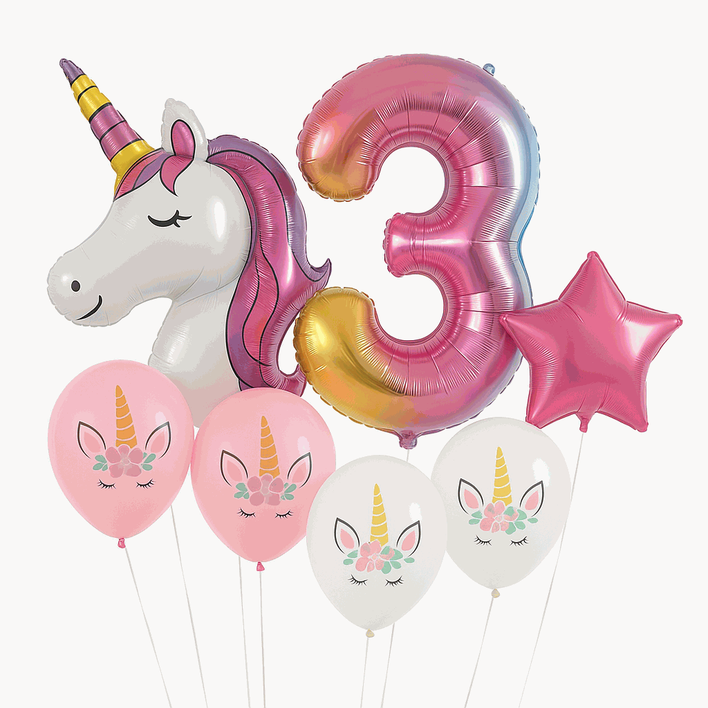 Set de Globos Unicornio para Cumpleaños de Niña – 7 Piezas con Número 3, Unicornio Gigante y Globos de Látex – Decoración Infantil