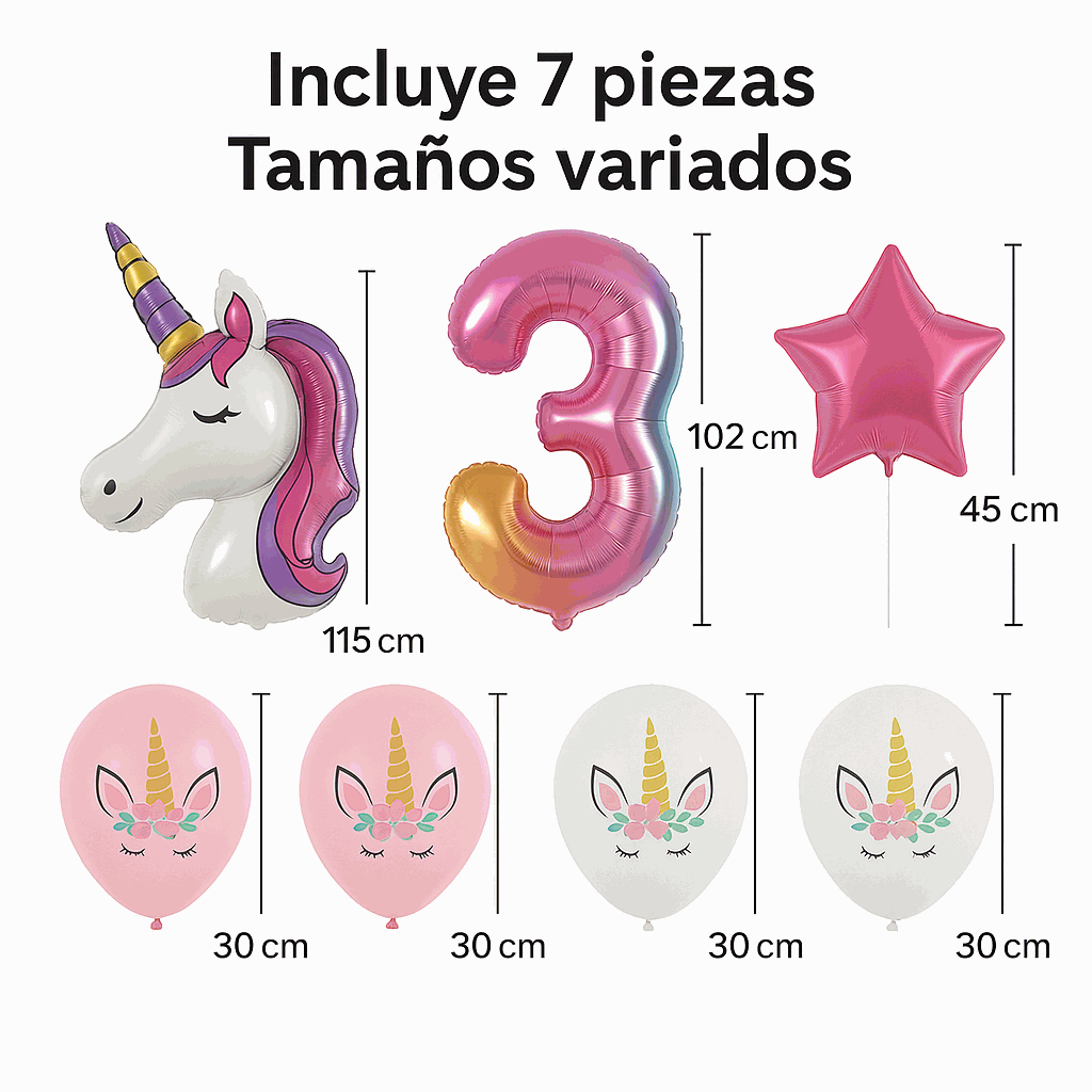Set de Globos Unicornio para Cumpleaños de Niña – 7 Piezas con Número 3, Unicornio Gigante y Globos de Látex – Decoración Infantil - imagen 2