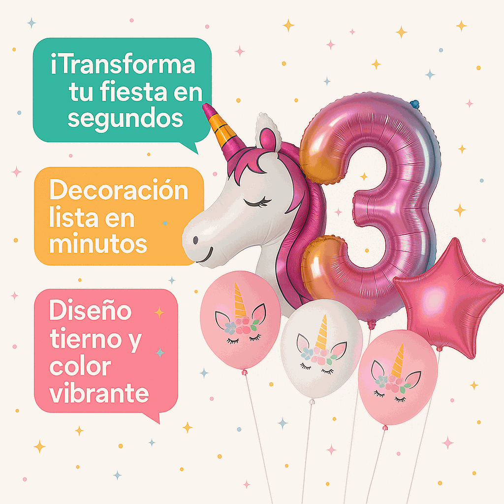 Set de Globos Unicornio para Cumpleaños de Niña – 7 Piezas con Número 3, Unicornio Gigante y Globos de Látex – Decoración Infantil - imagen 5