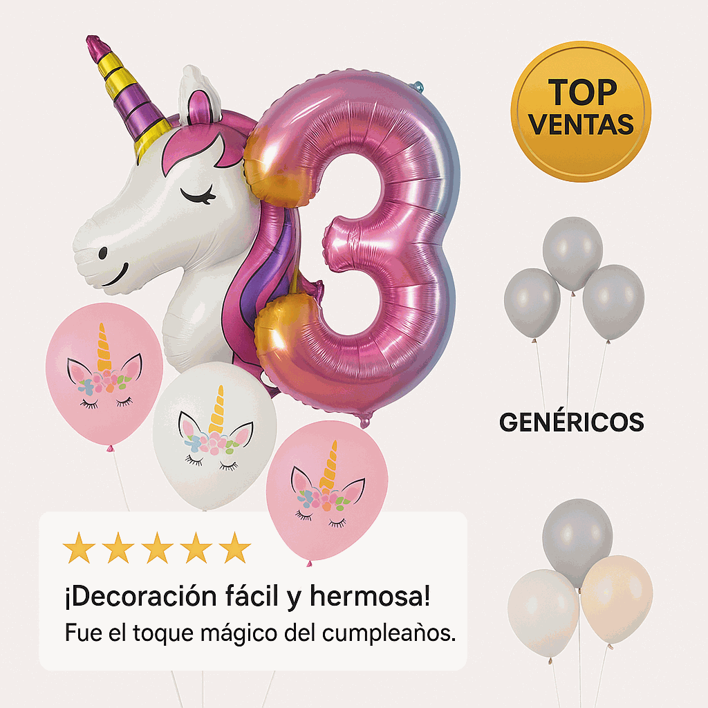 Set de Globos Unicornio para Cumpleaños de Niña – 7 Piezas con Número 3, Unicornio Gigante y Globos de Látex – Decoración Infantil - imagen 6