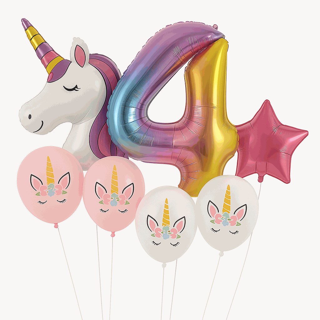 Set de Globos Unicornio para Cumpleaños de Niña – 7 Piezas con Número 4, Unicornio Gigante y Globos de Látex – Decoración Infantil