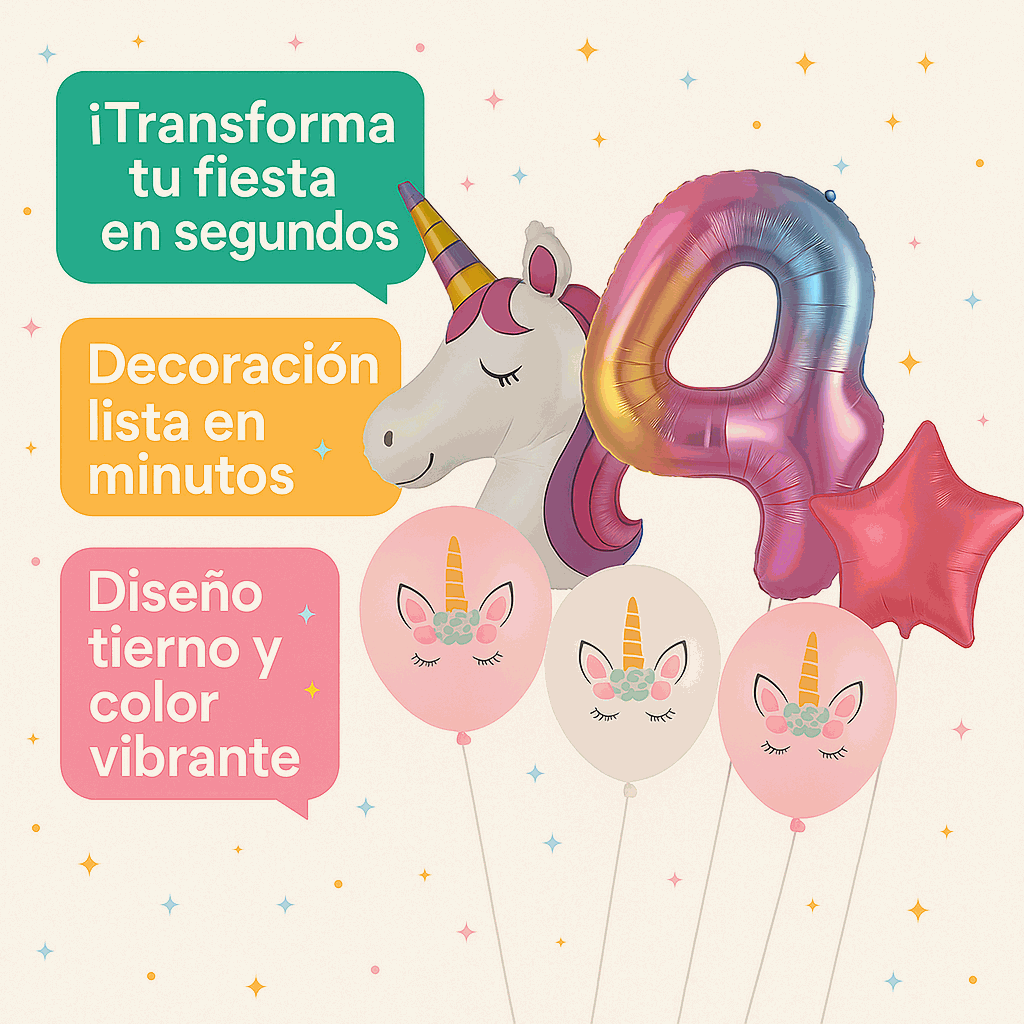 Set de Globos Unicornio para Cumpleaños de Niña – 7 Piezas con Número 4, Unicornio Gigante y Globos de Látex – Decoración Infantil - imagen 5