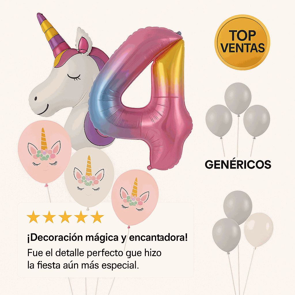 Set de Globos Unicornio para Cumpleaños de Niña – 7 Piezas con Número 4, Unicornio Gigante y Globos de Látex – Decoración Infantil - imagen 6