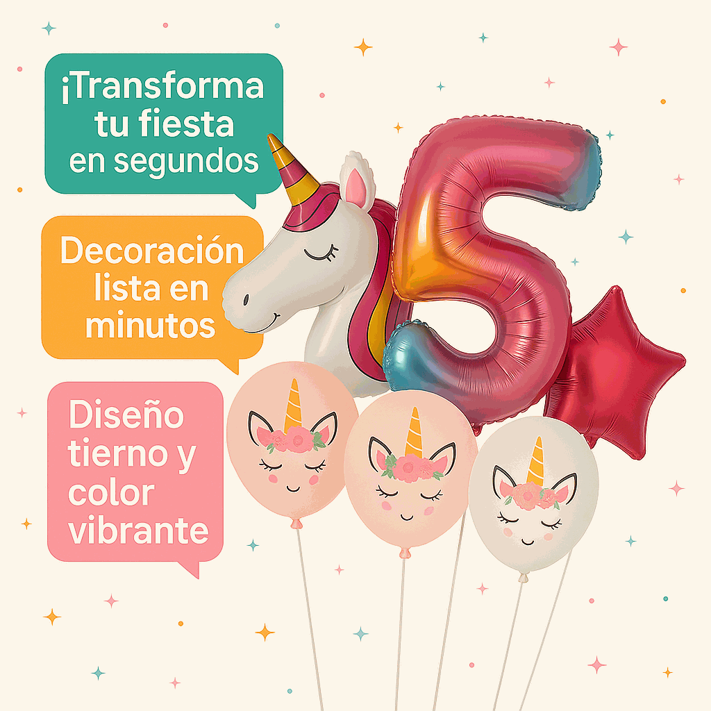 Set de Globos Unicornio para Cumpleaños de Niña – 7 Piezas con Número 5, Unicornio Gigante y Globos de Látex – Decoración Infantil - imagen 5