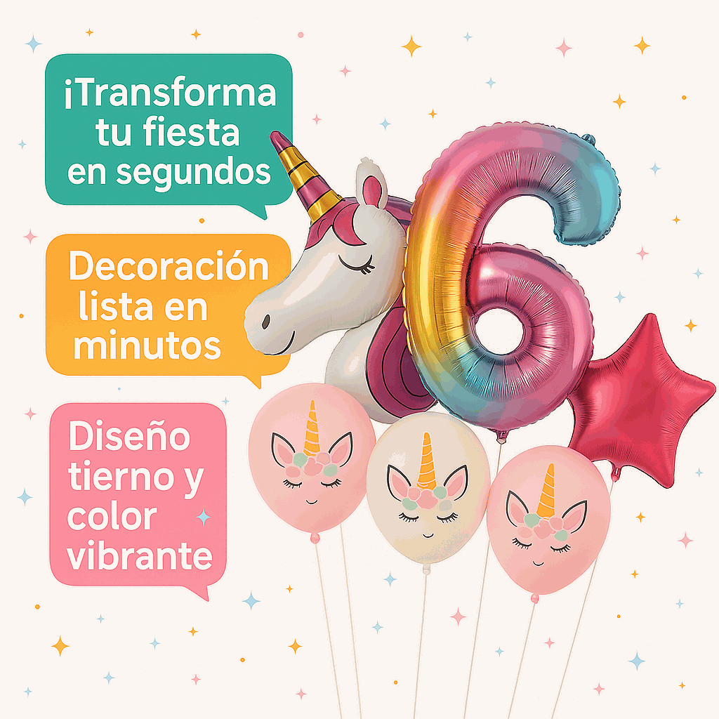 Set de Globos Unicornio para Cumpleaños de Niña – 7 Piezas con Número 6, Unicornio Gigante y Globos de Látex – Decoración Infantil - imagen 5