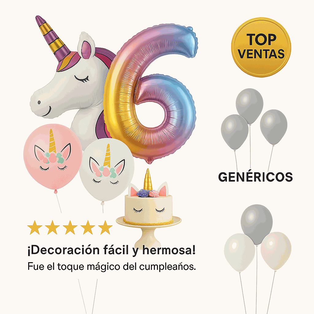 Set de Globos Unicornio para Cumpleaños de Niña – 7 Piezas con Número 6, Unicornio Gigante y Globos de Látex – Decoración Infantil - imagen 6