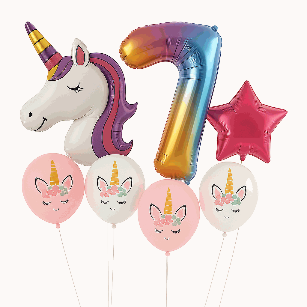 Set de Globos Unicornio para Cumpleaños de Niña – 7 Piezas con Número 7, Unicornio Gigante y Globos de Látex – Decoración Infantil