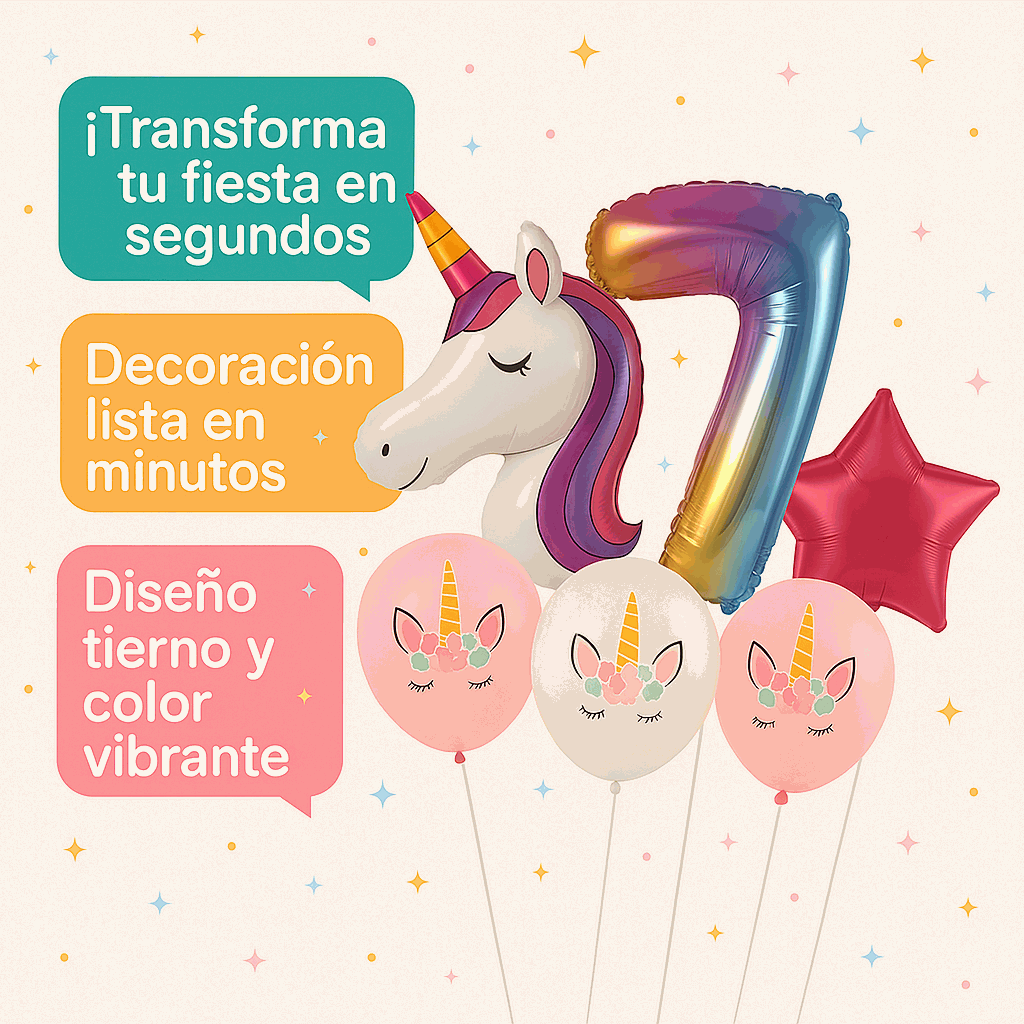 Set de Globos Unicornio para Cumpleaños de Niña – 7 Piezas con Número 7, Unicornio Gigante y Globos de Látex – Decoración Infantil - imagen 5