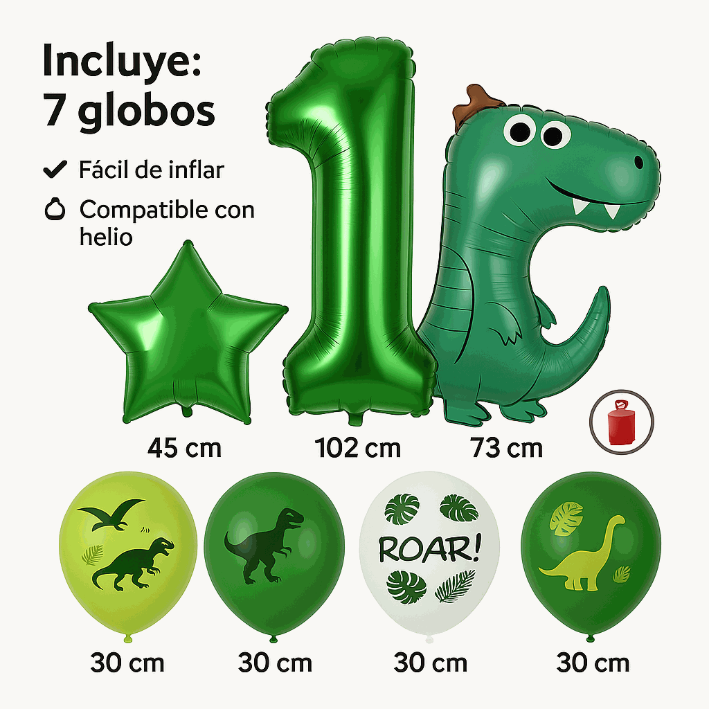 Set de Globos Dinosaurios, numero 1, Decoración Cumpleaños Infantiles – 7 Piezas - imagen 3