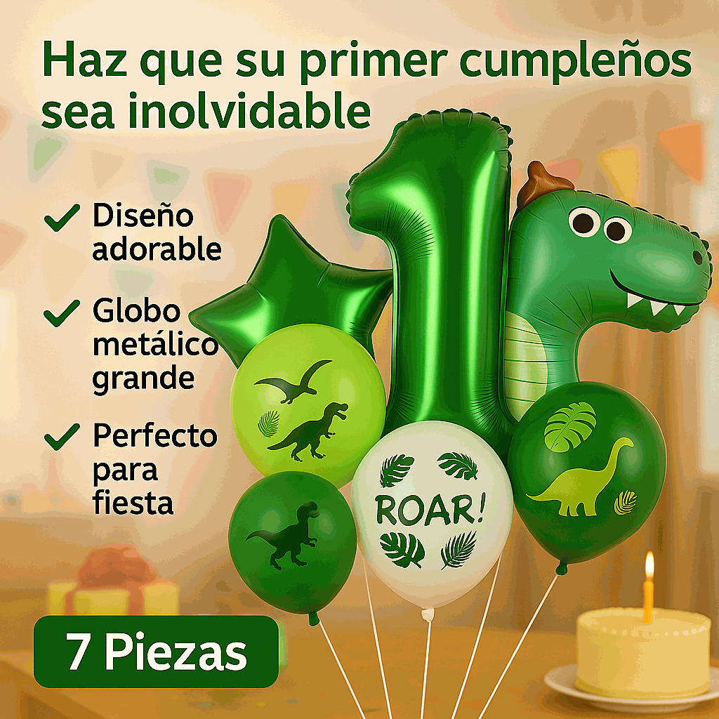 Set de Globos Dinosaurios, numero 1, Decoración Cumpleaños Infantiles – 7 Piezas - imagen 5