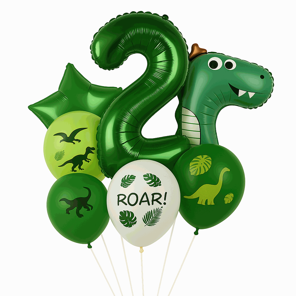 Set de Globos Dinosaurios, numero 2, Decoración Cumpleaños Infantiles – 7 Piezas