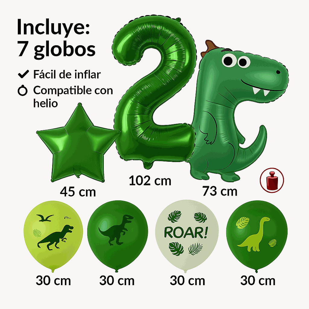 Set de Globos Dinosaurios, numero 2, Decoración Cumpleaños Infantiles – 7 Piezas - imagen 3