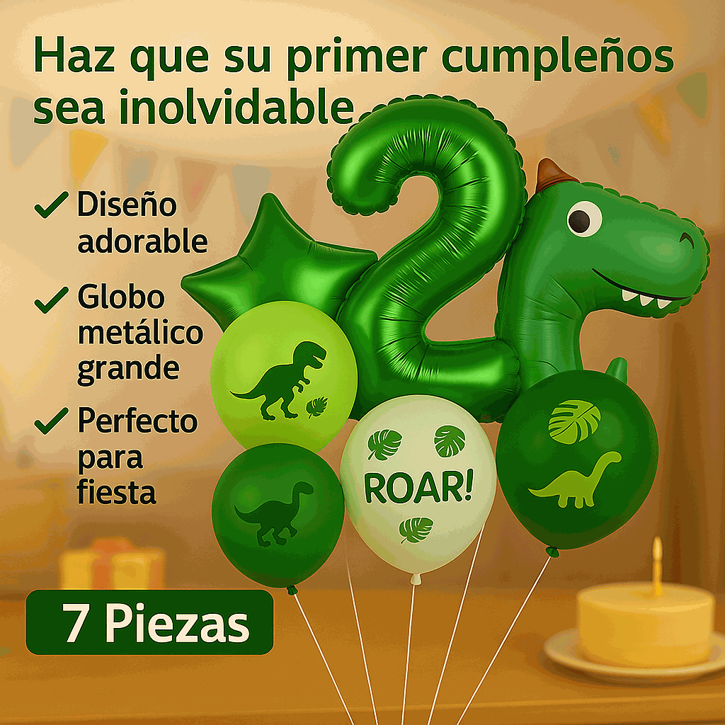 Set de Globos Dinosaurios, numero 2, Decoración Cumpleaños Infantiles – 7 Piezas - imagen 5