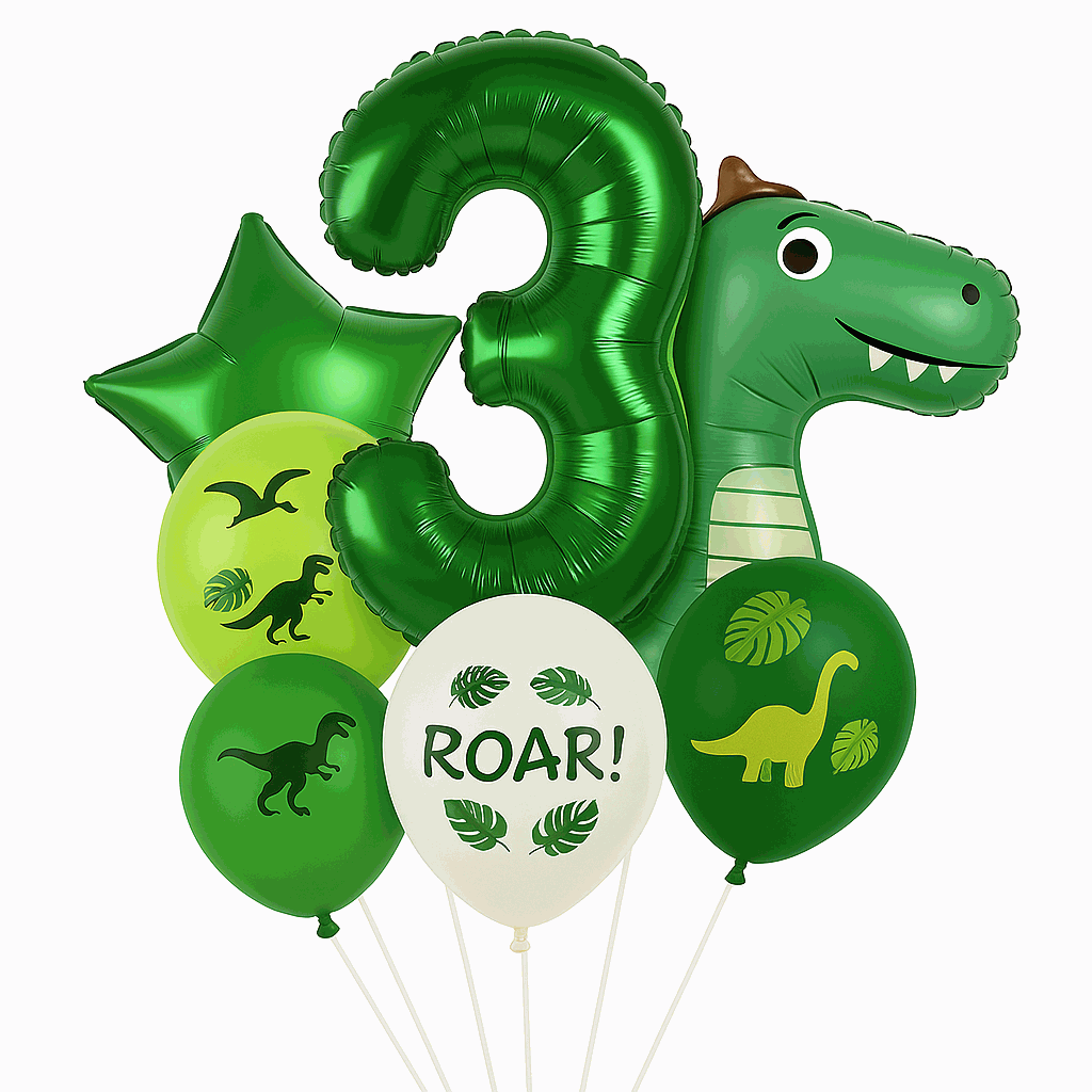 Set de Globos Dinosaurios, numero 3, Decoración Cumpleaños Infantiles – 7 Piezas