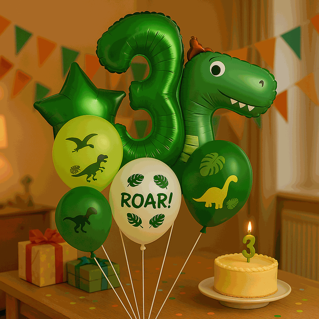 Set de Globos Dinosaurios, numero 3, Decoración Cumpleaños Infantiles – 7 Piezas - imagen 2