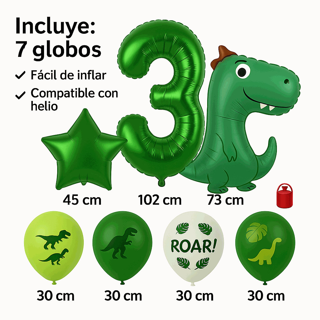 Set de Globos Dinosaurios, numero 3, Decoración Cumpleaños Infantiles – 7 Piezas - imagen 3