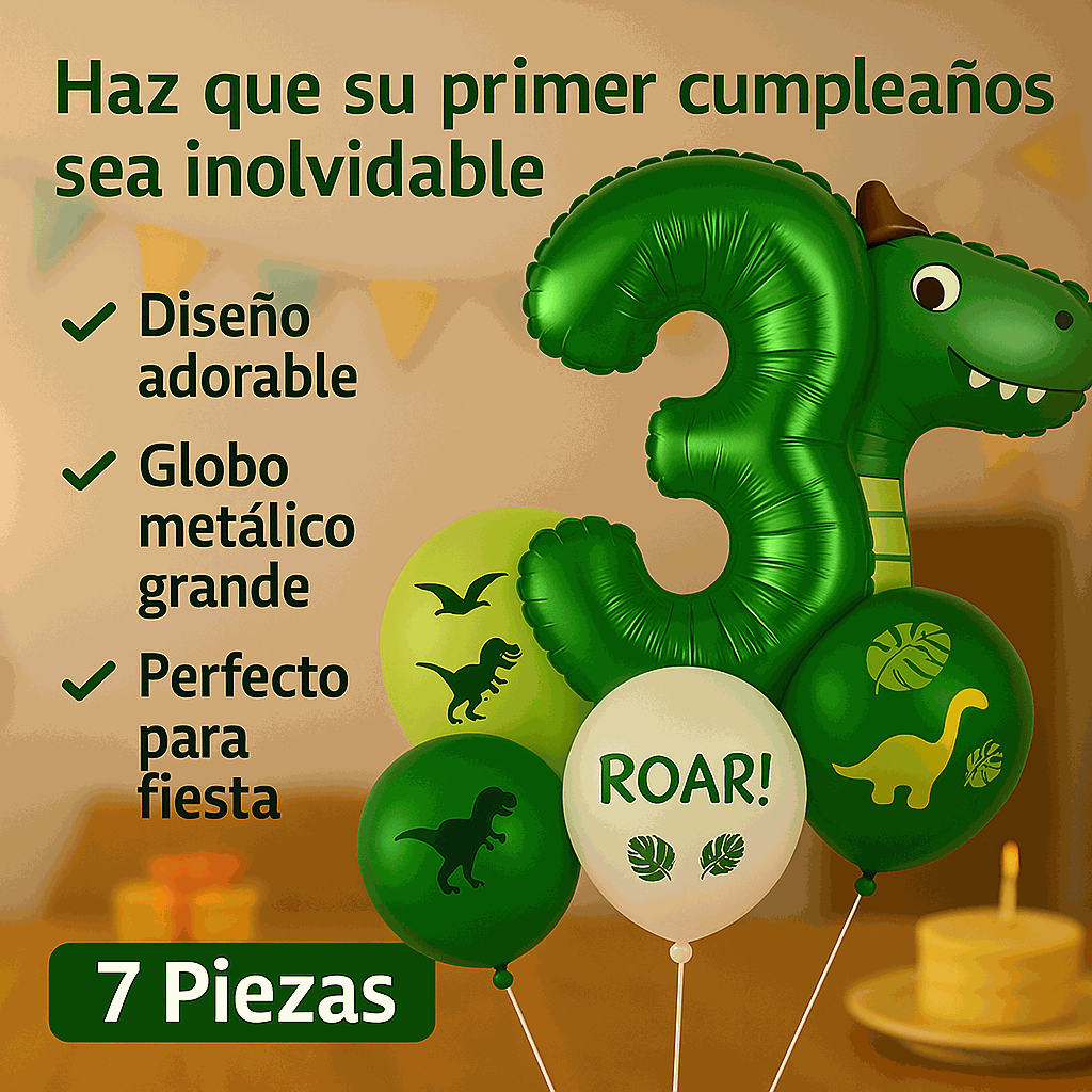 Set de Globos Dinosaurios, numero 3, Decoración Cumpleaños Infantiles – 7 Piezas - imagen 5