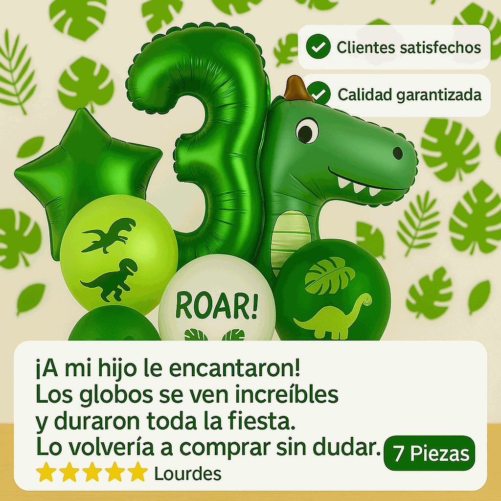 Set de Globos Dinosaurios, numero 3, Decoración Cumpleaños Infantiles – 7 Piezas - imagen 6