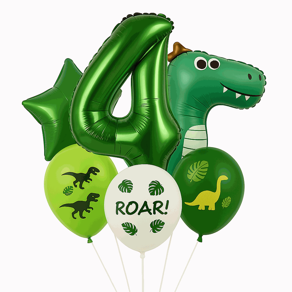 Set de Globos Dinosaurios, numero 4, Decoración Cumpleaños Infantiles – 7 Piezas