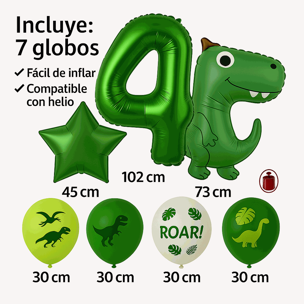 Set de Globos Dinosaurios, numero 4, Decoración Cumpleaños Infantiles – 7 Piezas - imagen 3