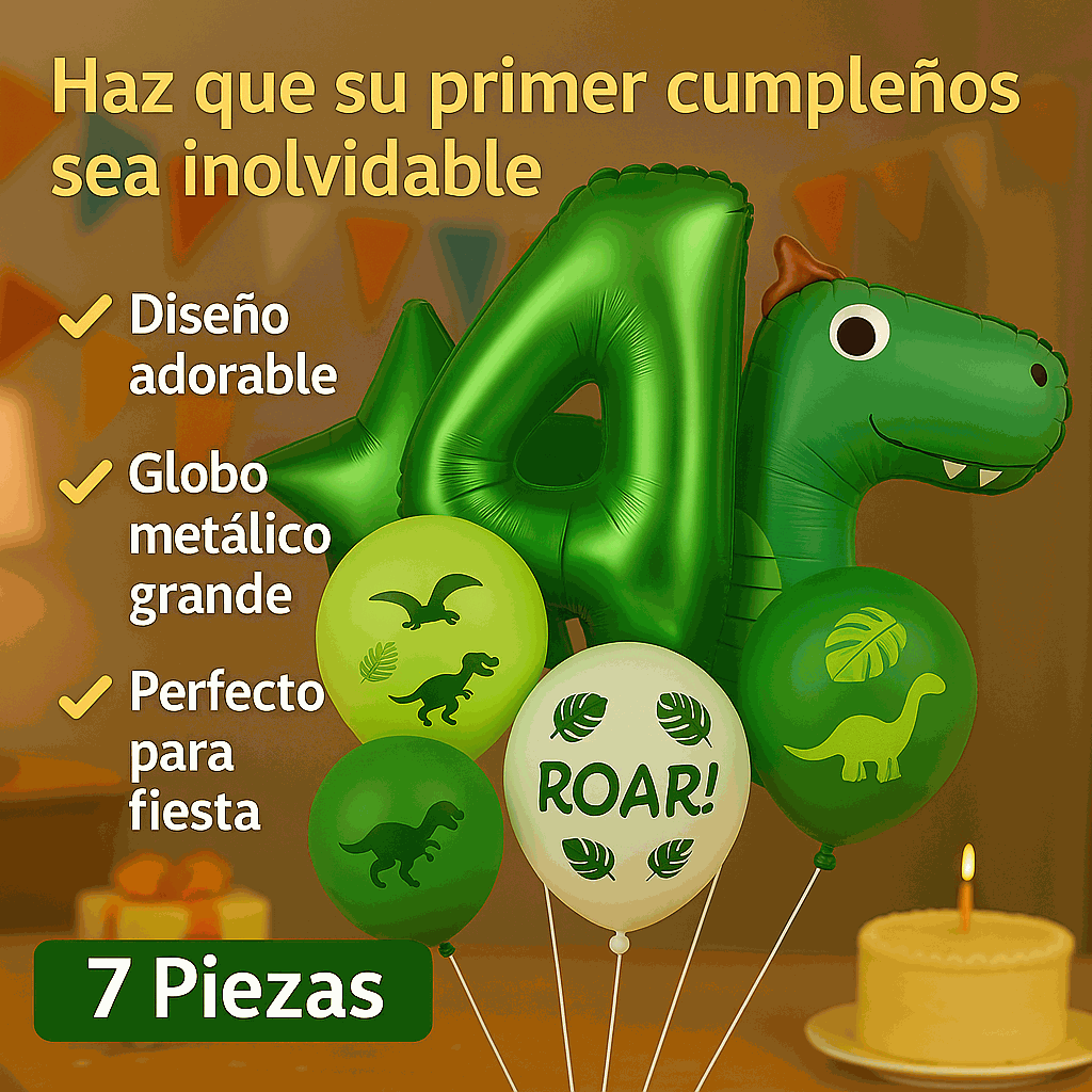 Set de Globos Dinosaurios, numero 4, Decoración Cumpleaños Infantiles – 7 Piezas - imagen 5