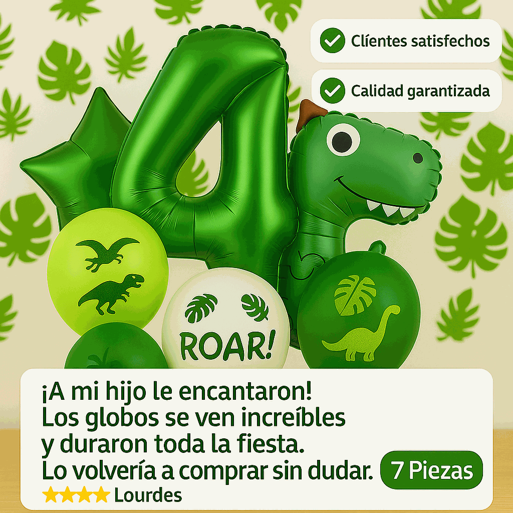 Set de Globos Dinosaurios, numero 4, Decoración Cumpleaños Infantiles – 7 Piezas - imagen 6