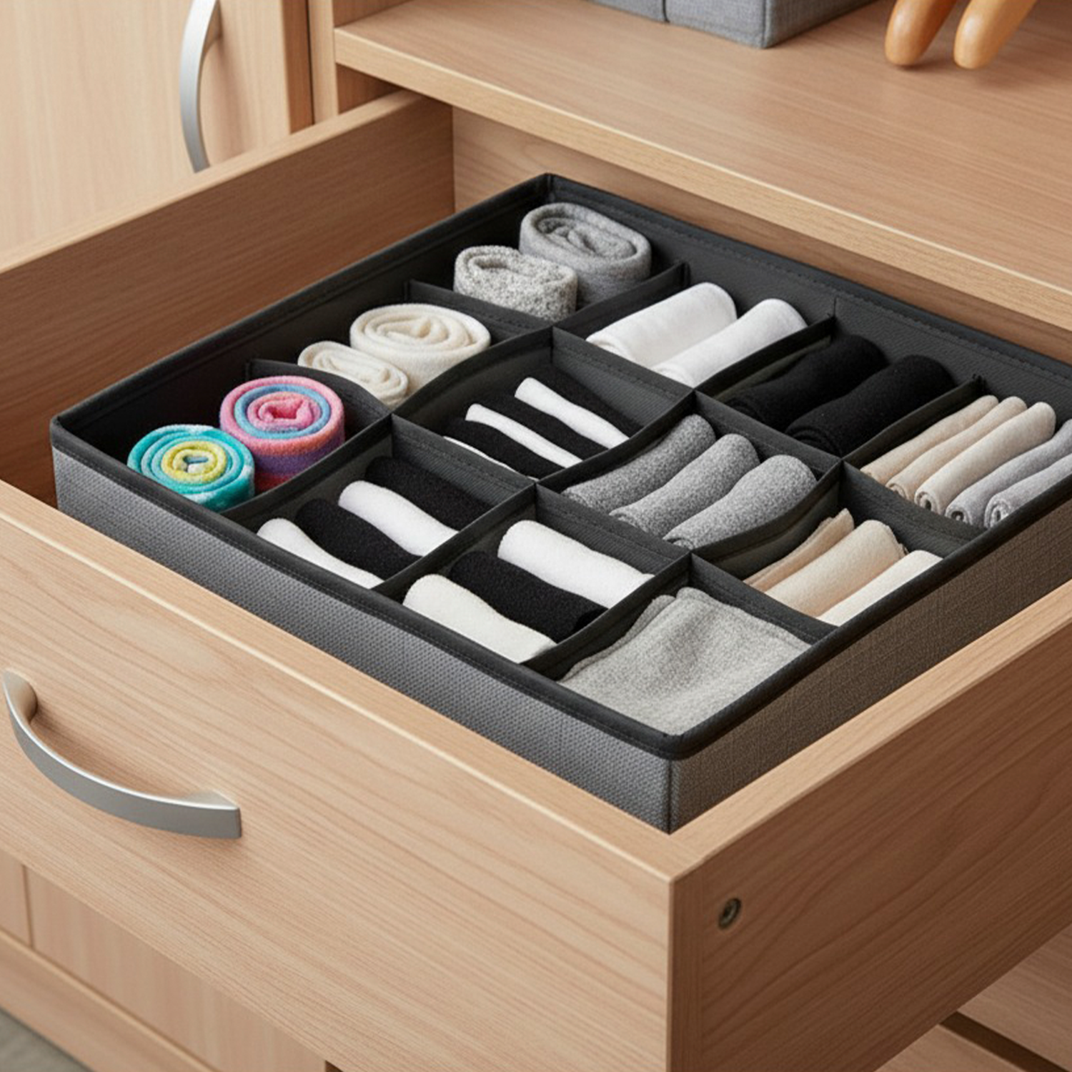 Organizador de Ropa Interior 12 Compartimentos – Caja Plegable de Tela No Tejida 32x32x10 cm – Gris – Separador de Cajones - imagen 2