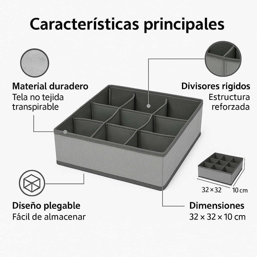 Organizador de Ropa Interior 12 Compartimentos – Caja Plegable de Tela No Tejida 32x32x10 cm – Gris – Separador de Cajones - imagen 3