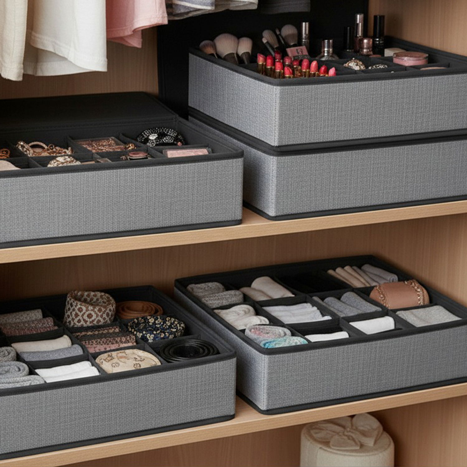 Organizador de Ropa Interior 12 Compartimentos – Caja Plegable de Tela No Tejida 32x32x10 cm – Gris – Separador de Cajones - imagen 4