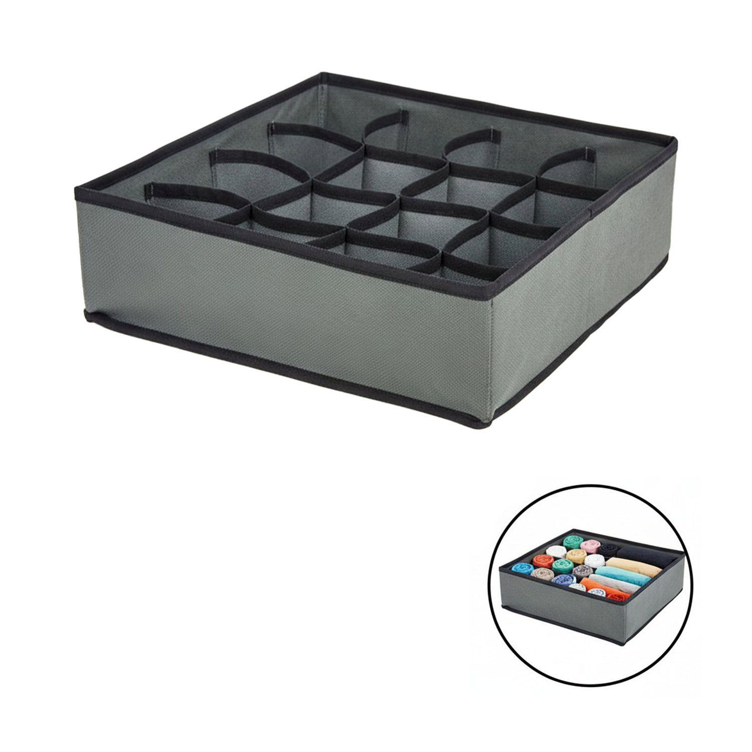 Organizador de Ropa Interior 16 Compartimentos – Separador de Cajones Plegable de Tela 32x32x10 cm – Gris – Caja Organizadora