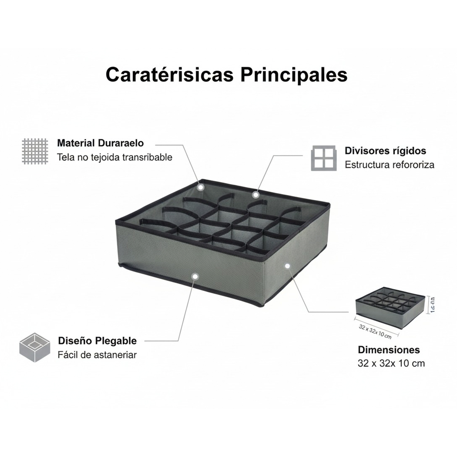 Organizador de Ropa Interior 16 Compartimentos – Separador de Cajones Plegable de Tela 32x32x10 cm – Gris – Caja Organizadora - imagen 2