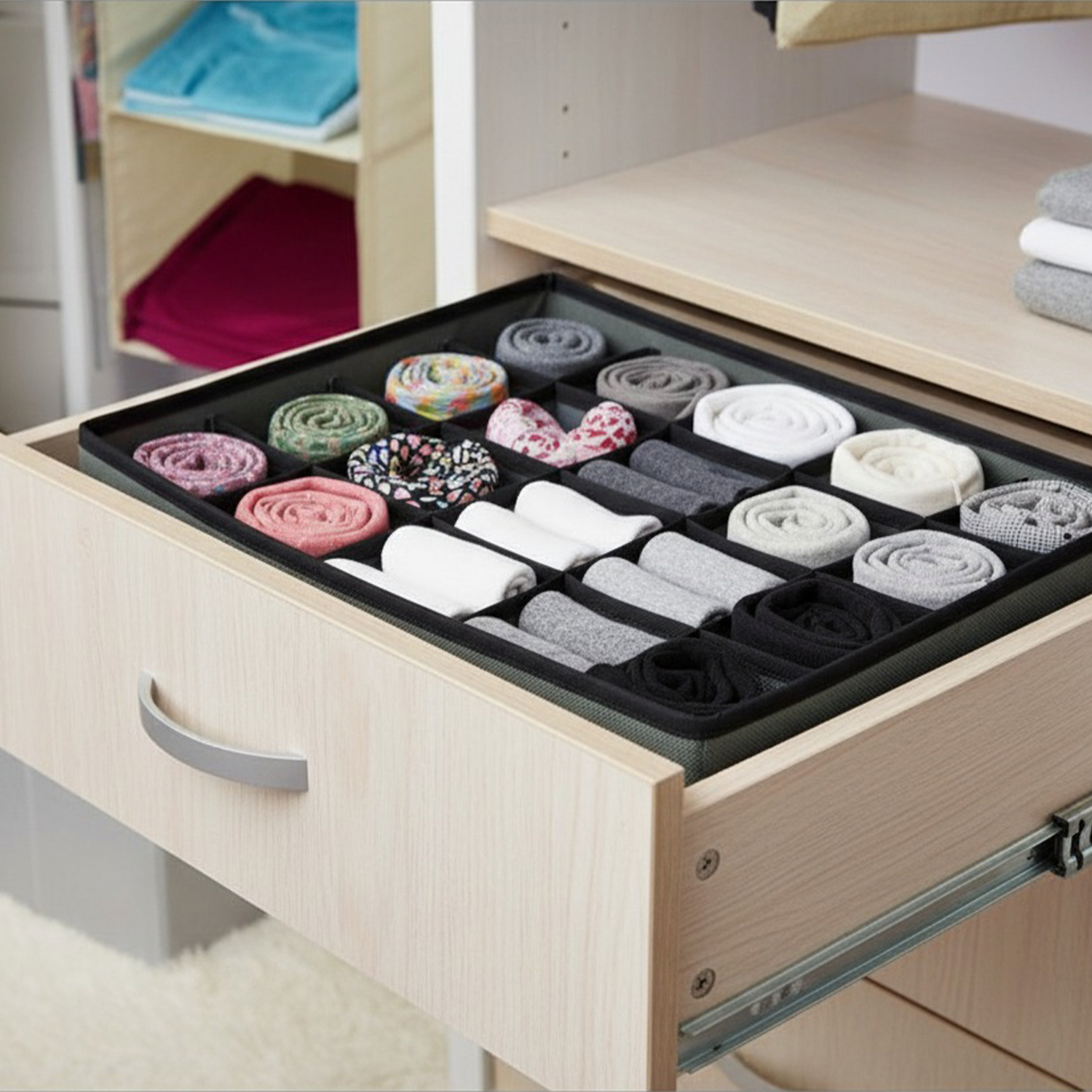 Organizador de Ropa Interior 16 Compartimentos – Separador de Cajones Plegable de Tela 32x32x10 cm – Gris – Caja Organizadora - imagen 5