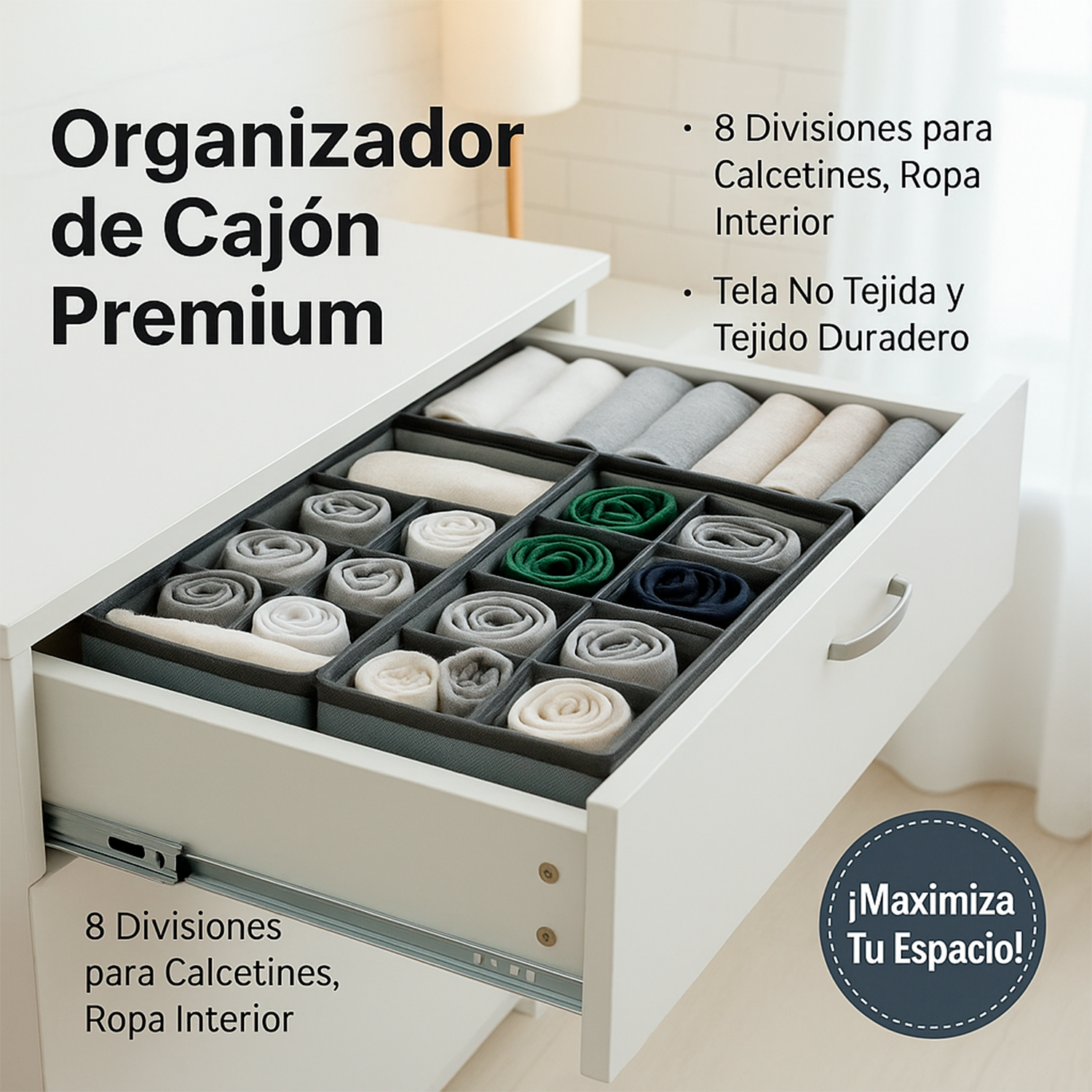 Organizador de Ropa Interior 8 Compartimentos – Separador de Cajones Plegable de Tela 32x16x10 cm – Gris – Caja Organizadora - imagen 2