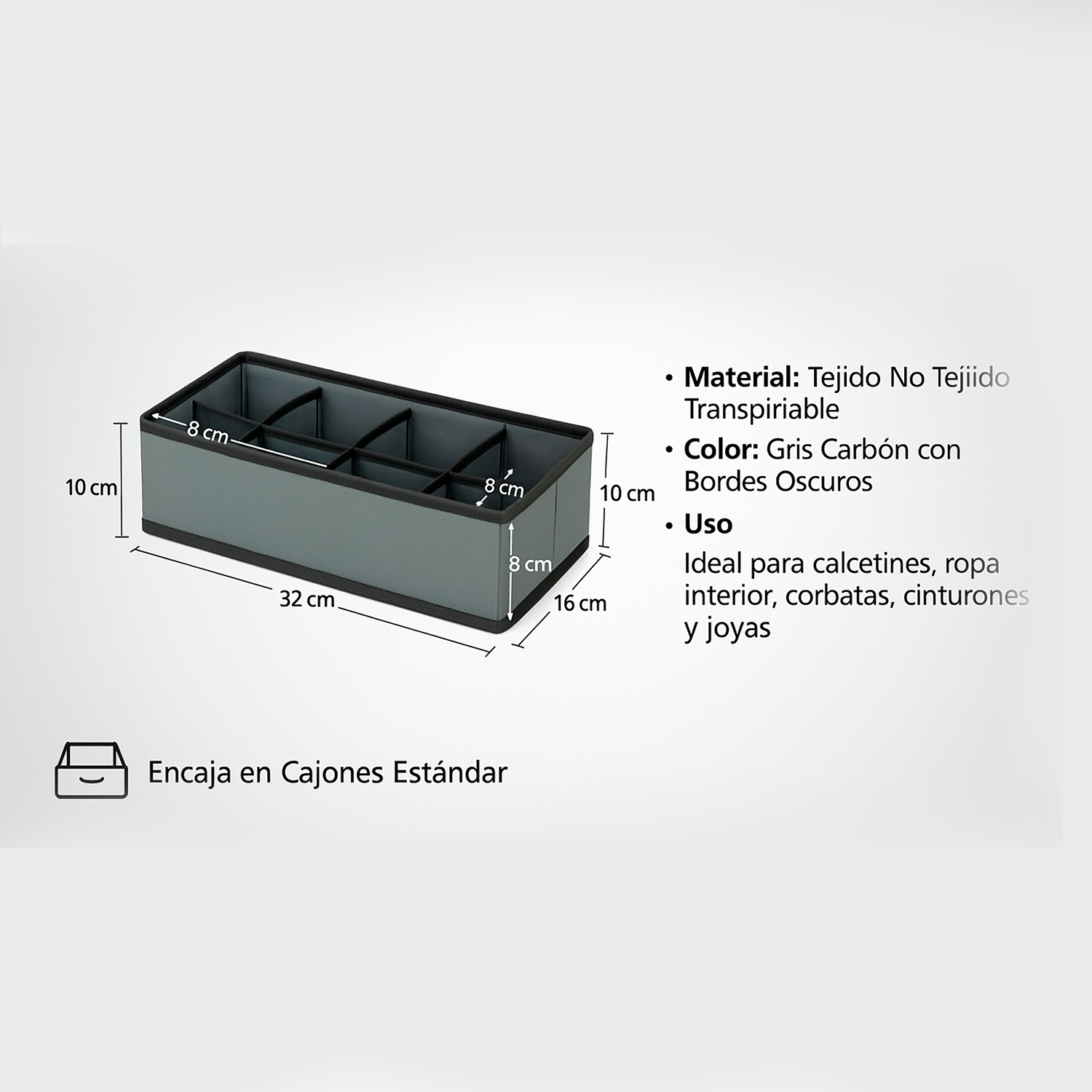Organizador de Ropa Interior 8 Compartimentos – Separador de Cajones Plegable de Tela 32x16x10 cm – Gris – Caja Organizadora - imagen 3